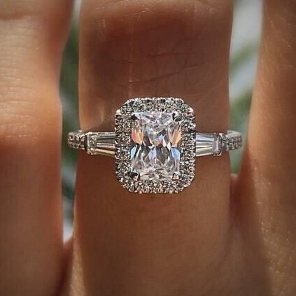 NEW Silver Radiant Cut Diamond Halo Ring 14 - Picture 1 of 5